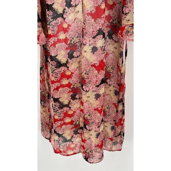 Say What? Sheer Floral Duster Floral Red Black Pink, Ruffle Sleeve Size S/M - Picture 6 of 12